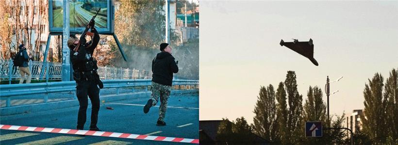 Polizisten versuchen die Drohnen abzuschießen, bevor sie einschlagen
