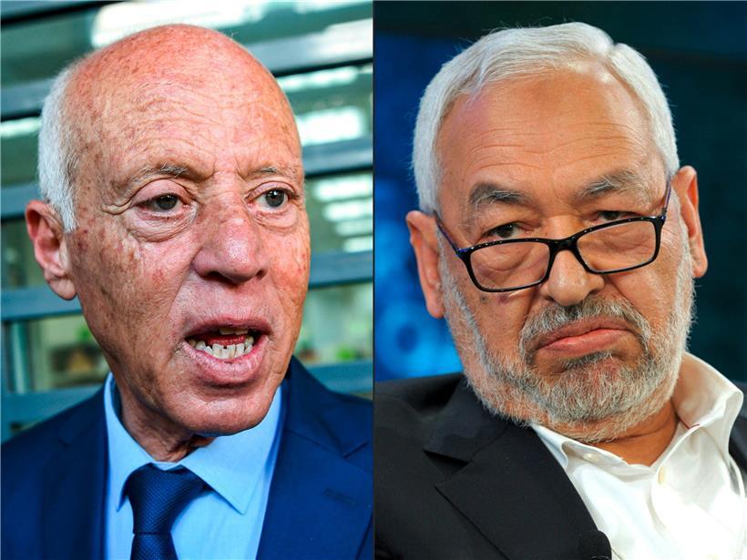 Präsident Kaïs Saïed (l.) sieht sein Handeln durch die Verfassung gedeckt, Ennahdha-Gründer Rached Ghannouchi nicht
