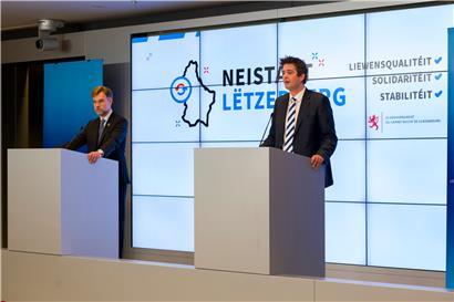 Pressekonferenz mit Wirtschaftsminister Franz Fayot (l.) und Mittelstandsminister Lex Delles (r.)
