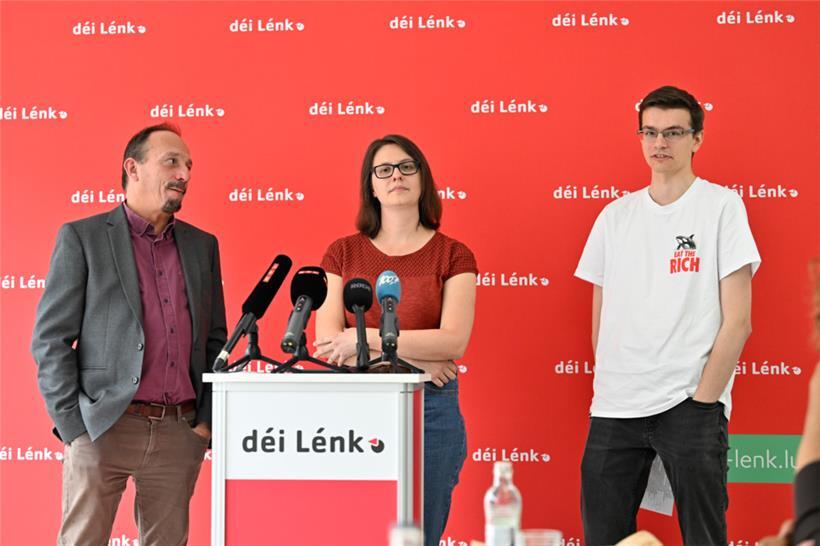 Pressekonferenz von „déi Lénk“ zur Rentenreform: Marc Baum (l.), Carole Thoma und André Marques
