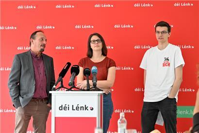 Pressekonferenz von „déi Lénk“ zur Rentenreform: Marc Baum (l.), Carole Thoma und André Marques
