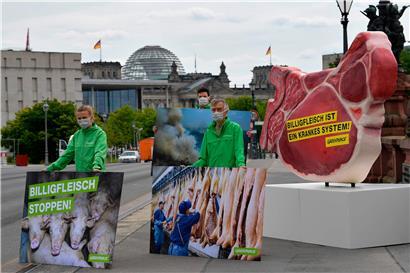 Protest gegen die Fleischindustrie wegen der Missstände in deutschen Schlachtbetrieben
