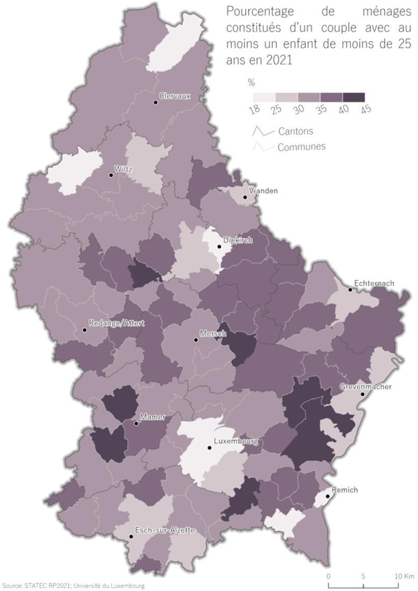 Prozentualer Anteil der Privathaushalte, die aus einem Paar mit mindestens einem Kind unter 25 Jahren bestehen, im Jahr 2021

