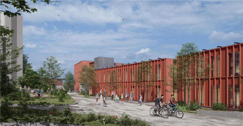 Radfahrer fahren an einer Schule vorbei – nachhaltige Mobilität und Verkehrsvision von STDM in der Stadt