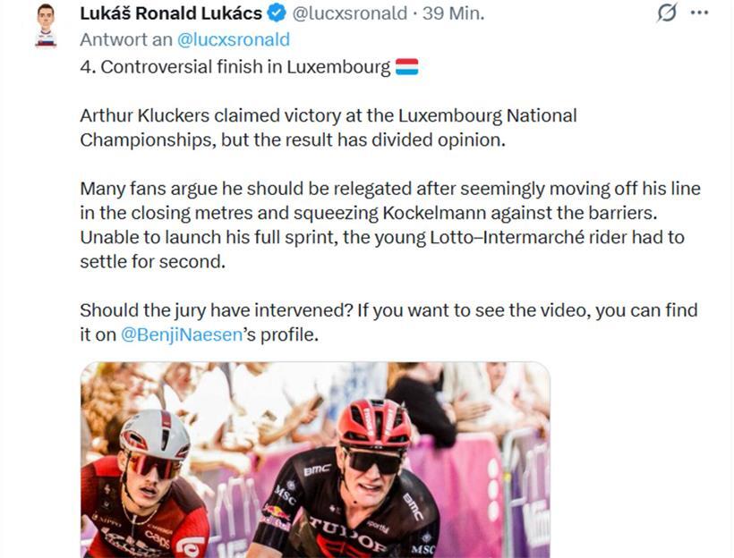 Lukas Ronald Lukacs berichtet über kontroverse Entscheidung bei luxemburgischen Radmeisterschaften mit Arthur Kluckers und Kockelmann.