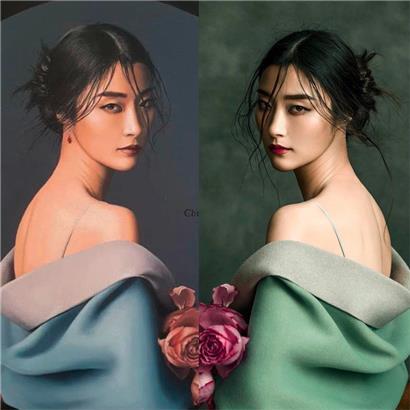 Rechts: das Originalfoto von Jingna Zhang, links: das Gemälde von Jeff Dieschburg. Eine gewisse Ähnlichkeit besteht schon – um das zu sehen, muss man kein Experte sein …
