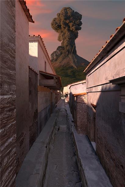 Reconstitution d’une rue pompéienne avec vue sur volcan
