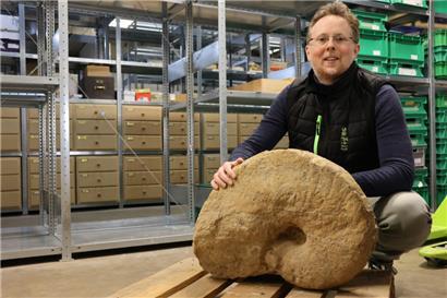 Robert Weis vom MNHN posiert mit dem Rekordfund aus Rümelingen, dem „Cenoceras rumelangense“
