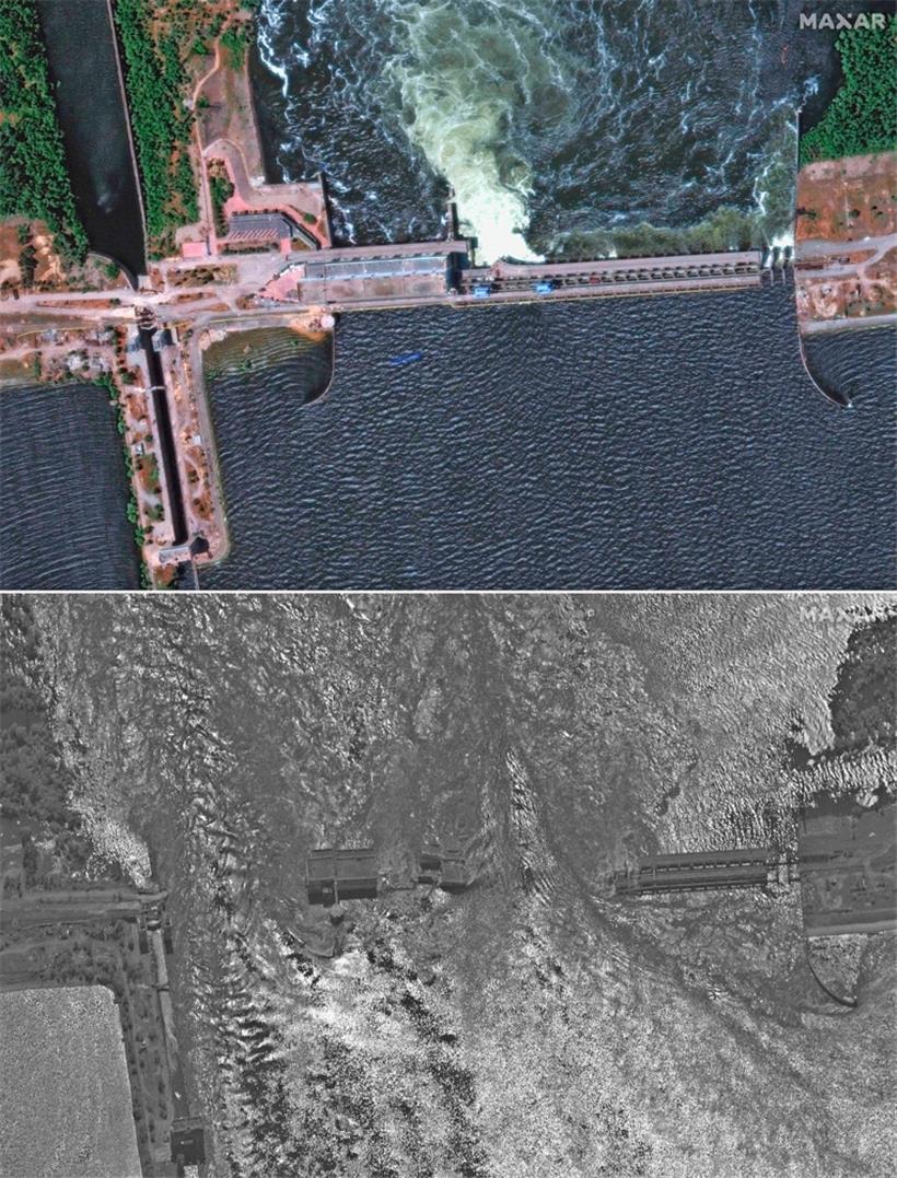 Satelliten-Bilder des Unternehmens Maxar zeigen die Zerstörungen am Staudamm
