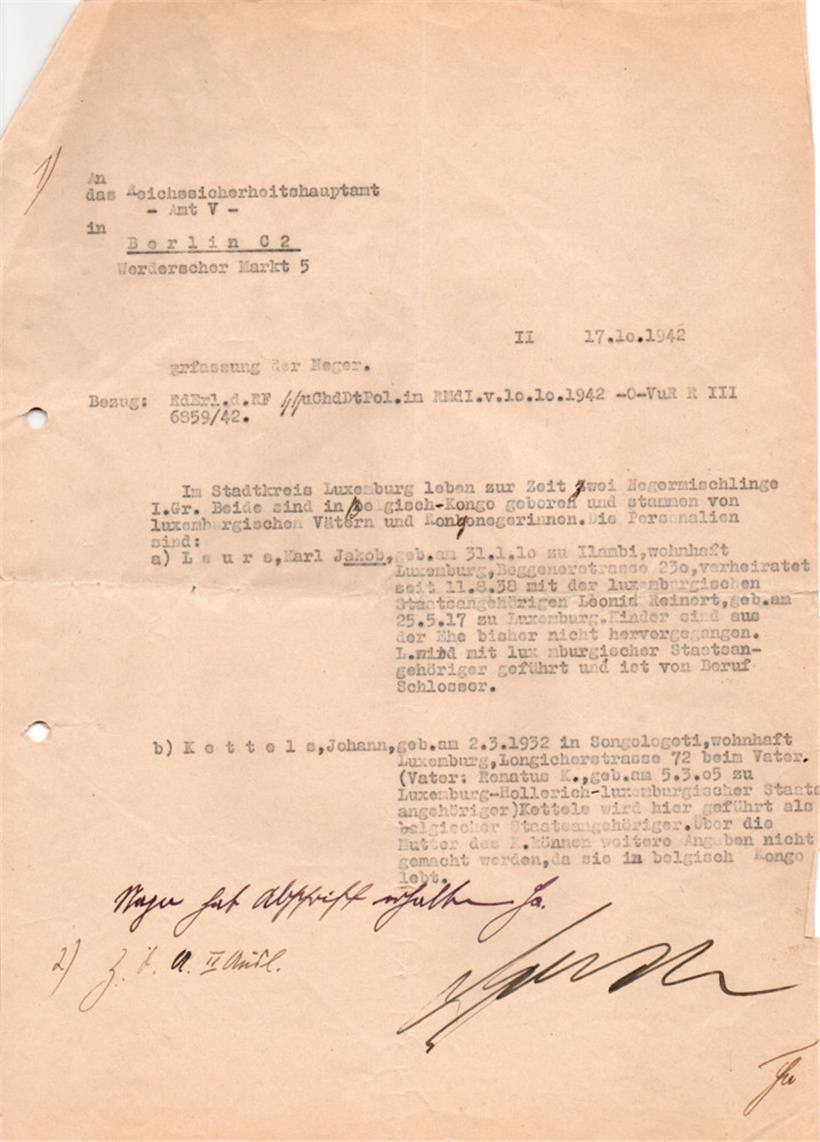 Schreiben an das Reichssicherheitshauptamt in Berlin mit der Information, dass in Luxemburg-Stadt zwei „Negermischlinge“ leben, darunter auch Jean-René Kettels, Luxemburg-Stadt, 1942
