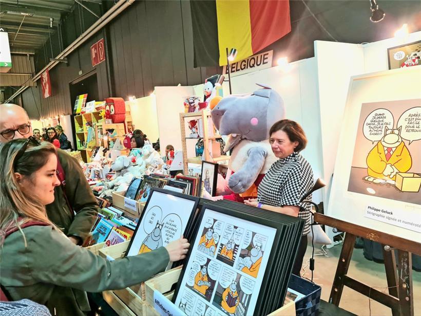 Serigraphien des Comic-Künstlers Philippe Geluck waren am belgischen Stand zu kaufen 
