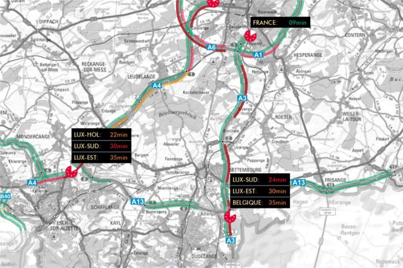 Sich dem Zentrum des Großherzogtums zu nähern, kann per Auto derzeit ein bisschen länger dauern, wie etwa die Karte von CITA.LU gegen 9.30 Uhr zeigt.

