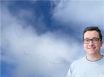 Vogel auf einem Baumzweig trötet und krukert in ländlicher Landschaft bei klarem Himmel