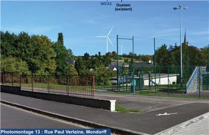 Blick von Rue Paul Verlaine auf geplante Windanlage 2029 in Mondorff, Gemeinde Dalheim, nachhaltige Landschaft mit Windrädern
