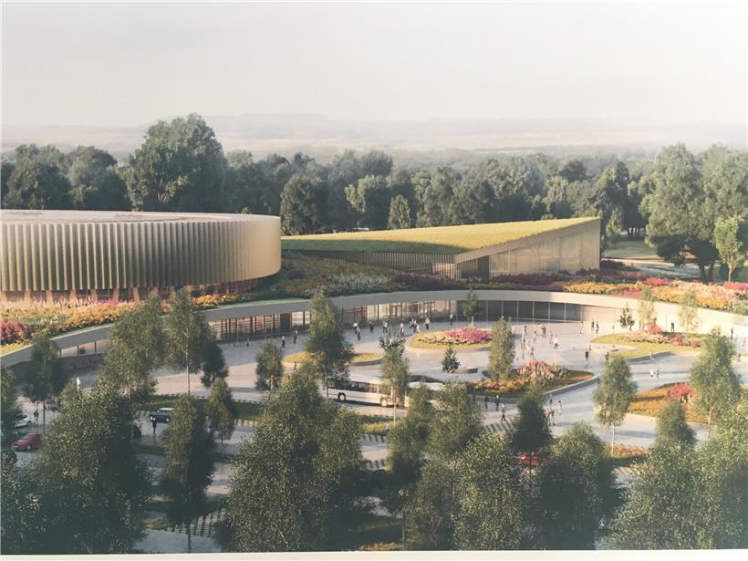 So sehen die Pläne der Architekten aus: Links das Velodrom, rechts die Sporthalle samt Schwimmbad, davor der öffentliche Platz
