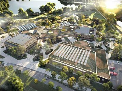 Visualisierung des fertiggestellten Campus Baggerweier mit modernen Gebäuden und grünen Freiflächen