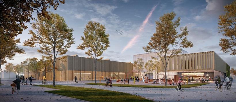 So soll das „Centre omnisports Henri Schmitz“ künftig aussehen. Im unteren Teil des Gebäudes ist eine Brasserie geplant.
