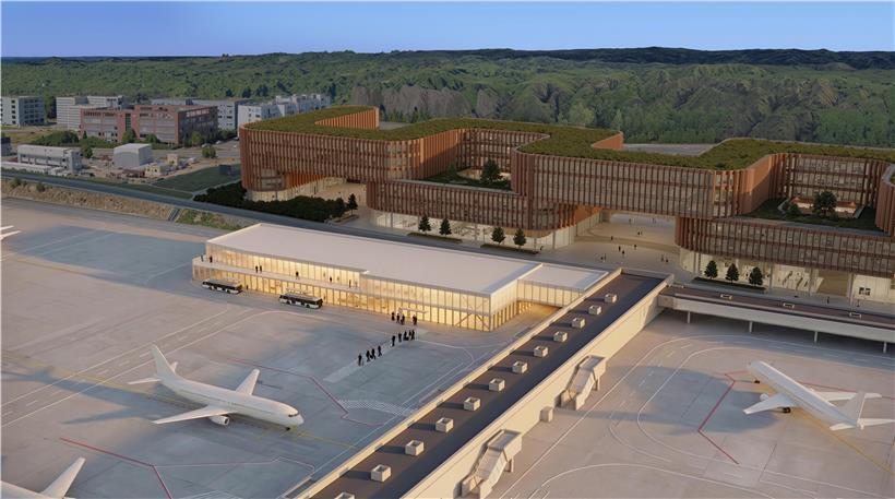 Terminal B des Flughafens nach Erweiterung mit moderner Architektur und neuem Eingangsbereich bei Tageslicht