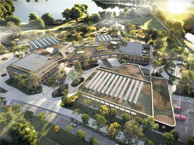 Visualisierung des fertiggestellten Campus Baggerweier mit modernen Gebäuden und grünen Freiflächen