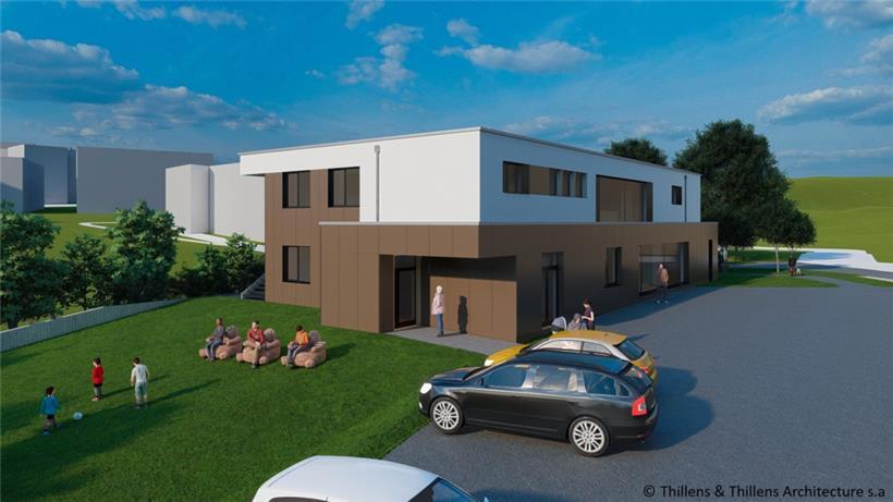 So soll die neue „Crèche“ aussehen. Im Hintergrund die Schule.