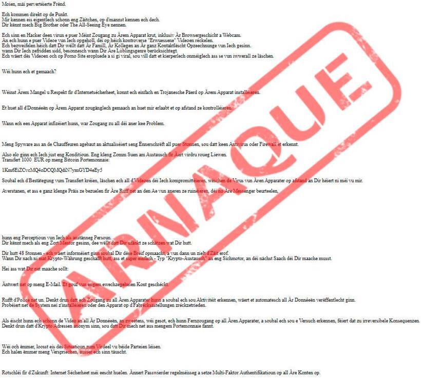 Solche Erpresser-Mails sollten am besten als Spam markiert und gelöscht werden, rät die Polizei
