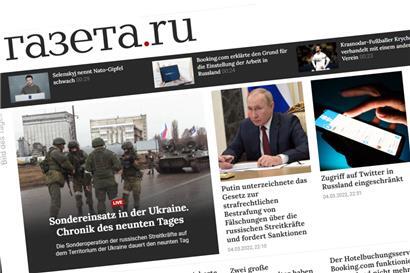 „Sondereinsatz“ statt Krieg: Die Website der Zeitung gazeta.ru am Freitagabend mit der genehmen Wortwahl (in der Übersetzung durch Google).
