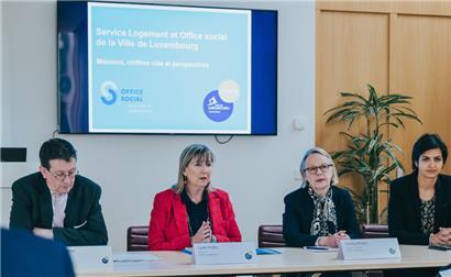 Sozialschöffe Maurice Bauer, Bürgermeisterin Lydie Polfer, die Präsidentin des „Office social“ Vronny Krieps und Sandy Lopes, Direktionsbeauftragte des Sozialamtes
