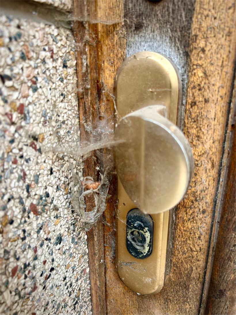 Spinnweben haben es sich an der Türklinke gemütlich gemacht