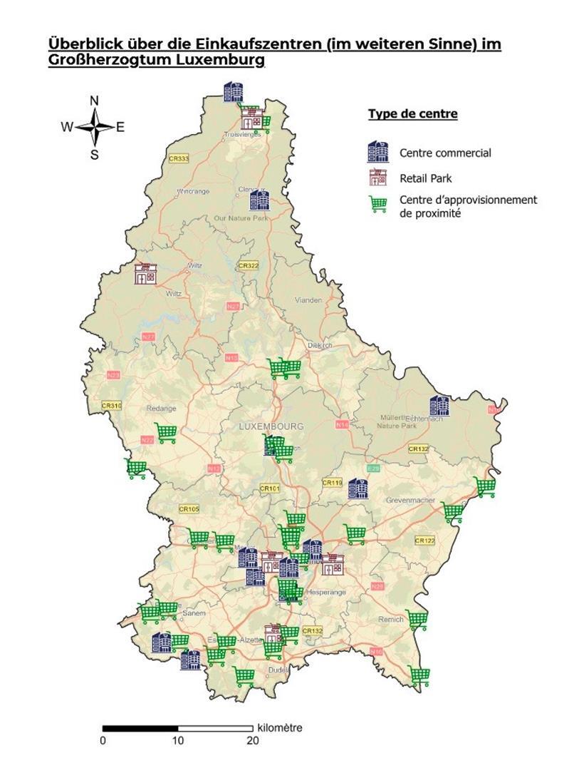 Standorte aller Einkaufszentren, Retail Parks und Nahversorgungszentren in Luxemburg
