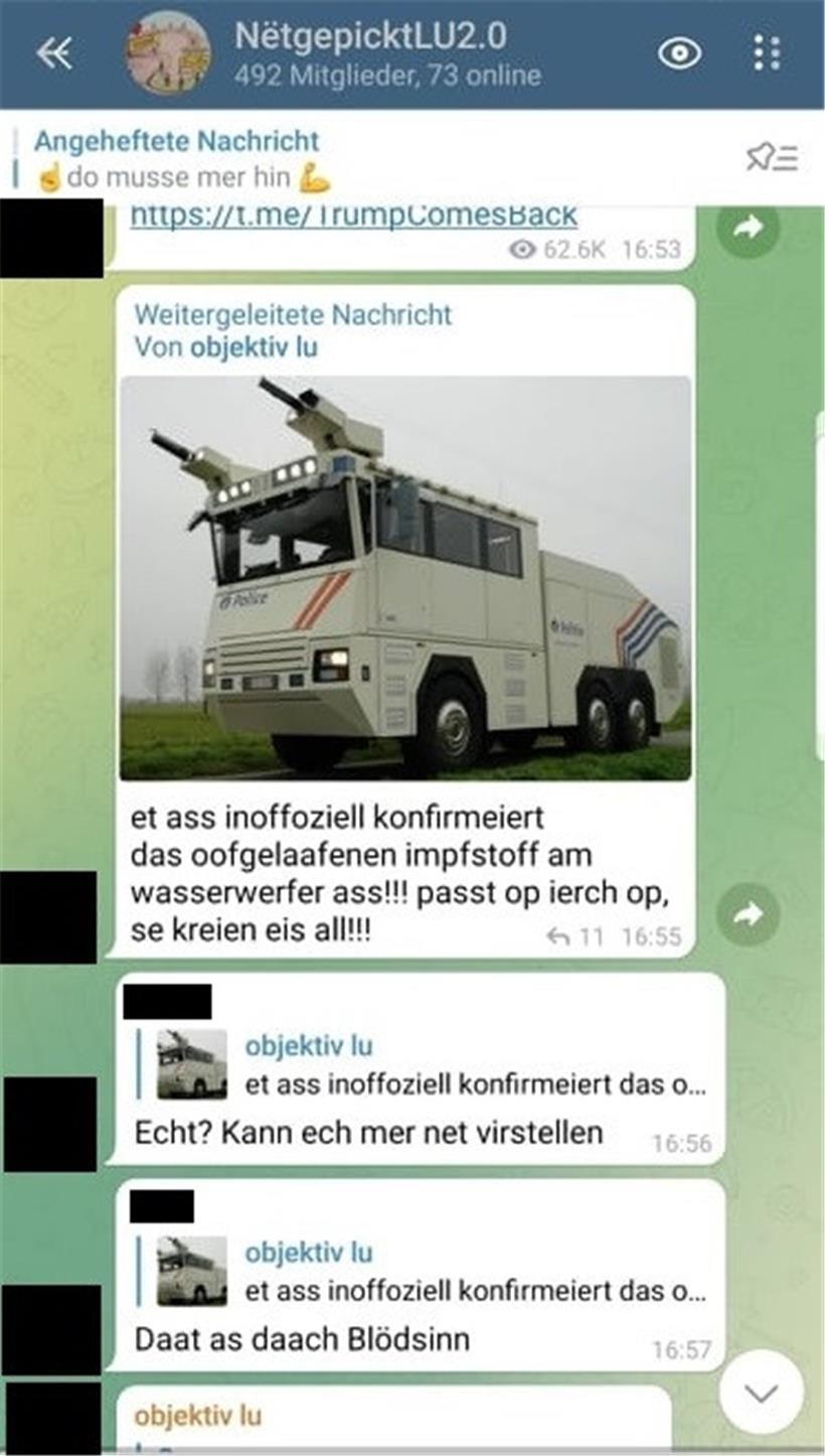 Text-Ausschnitt aus der Telegram-Gruppe „NëtgepicktLU2.0“
