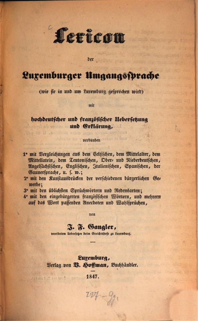 Titelblatt von Ganglers „Lexicon“ (1847)
