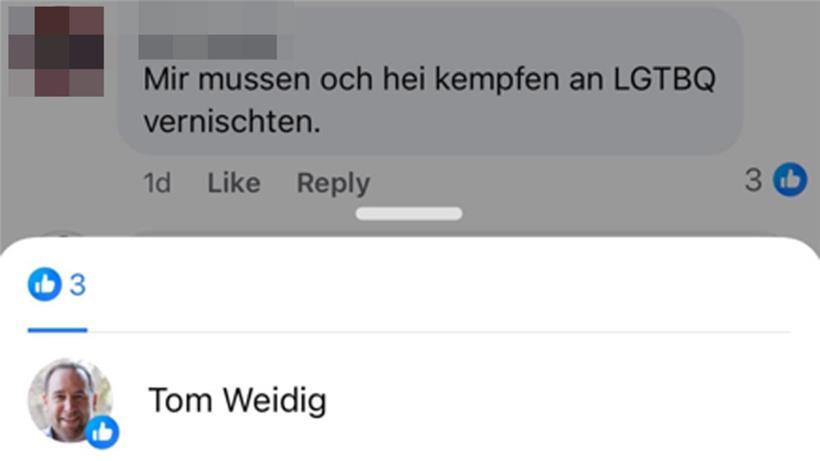 Tom Weidigs Like unter dem LGBTQ-feindlichen Kommentar
