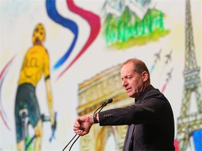 Tour-Präsident Christian Prudhomme bei der Vorstellung der Strecke 2027 am Donnerstag