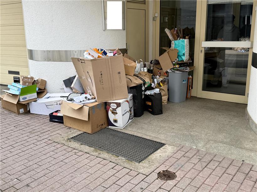 Papier und Karton stapeln sich trotz blauer Recyclingtonnen vor Hauseingängen, Müllentsorgung und Recyclingprobleme sichtbar