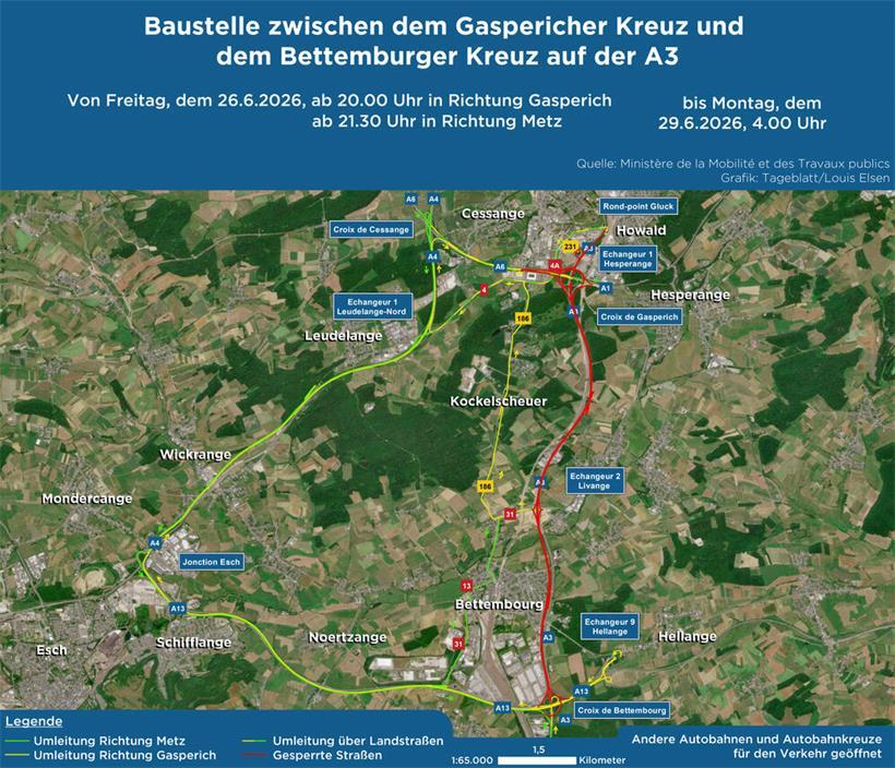Übersichtskarte der Autobahn A3 Baustelle zwischen Gaspericher Kreuz und Bettemburger Kreuz mit Verkehrsführung und Sperrungen