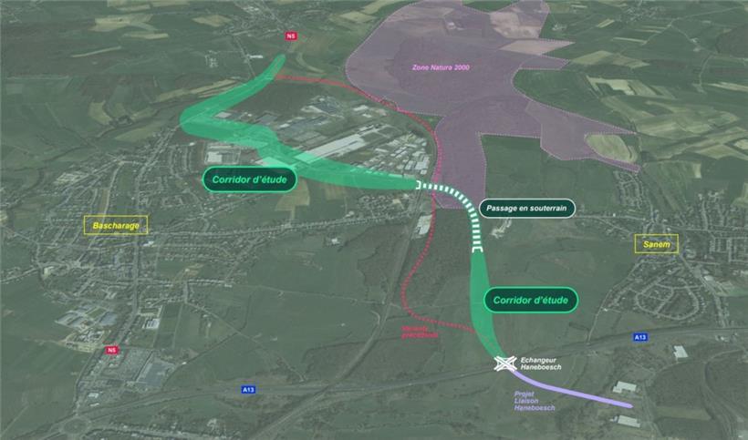 Umgehung Bascharage: die neue Trasse (grün) und die vom Parlament verabschiedete Streckenführung (rot)
