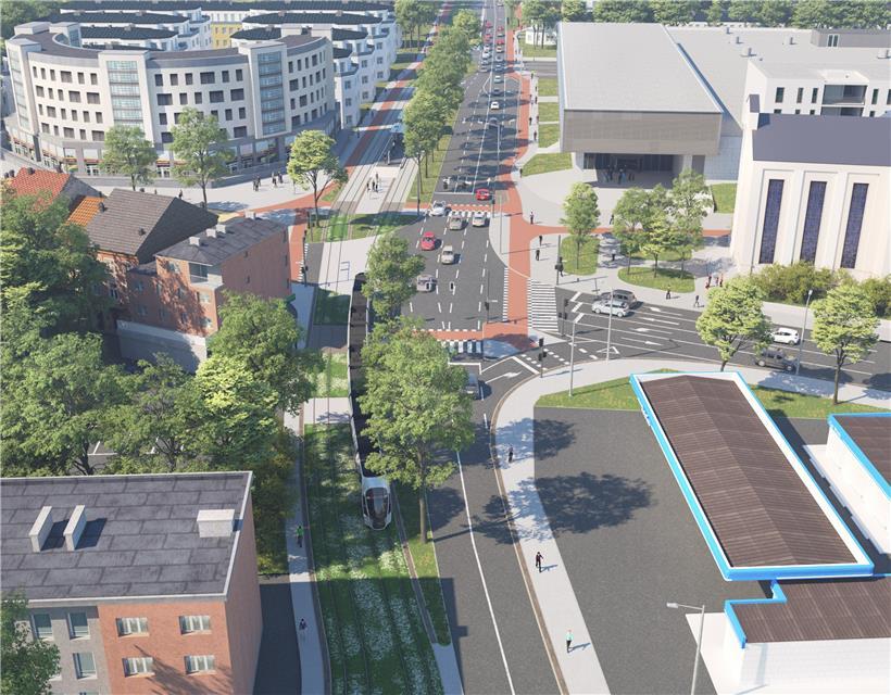 Unmittelbar am neuen „Quartier Alzette“ ist der Auftaktpunkt zur urbanen Straßenbahn durch Esch. Sie verläuft am Boulevard Grande-Duchesse Charlotte entlang Richtung Benelux-Platz. Die Grafik zeigt die Kreuzung mit der Luxemburger Straße an der Lallinger Kirche (rechts oben).
