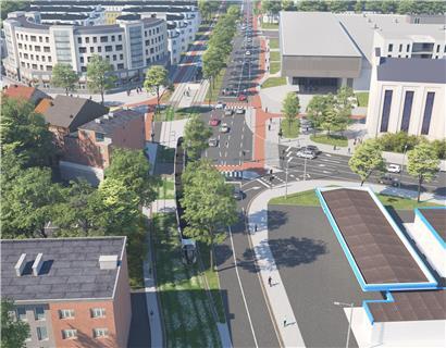 Unmittelbar am neuen „Quartier Alzette“ ist der Auftaktpunkt zur urbanen Straßenbahn durch Esch. Sie verläuft am Boulevard Grande-Duchesse Charlotte entlang Richtung Benelux-Platz. Die Grafik zeigt die Kreuzung mit der Luxemburger Straße an der Lallinger Kirche (rechts oben).
