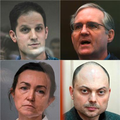 Unter anderem sie kamen aus russischer Geiselhaft frei: der US-Journalist Evan Gershkovich (o.l.), der ehemalige US-Marineinfanterist Paul Whelan, die US-russische Journalistin Alsu Kurmasheva, sowie der russische Oppositionelle Wladimir Kara-Mursa

