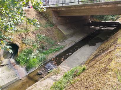Unter der Brücke an der „Fliedermais“-Schule liegt wohl die Ursache der Verschmutzung. Links im Bild ein Abflussrohr, rechts unter der Brücke drei weitere Rohre. 
