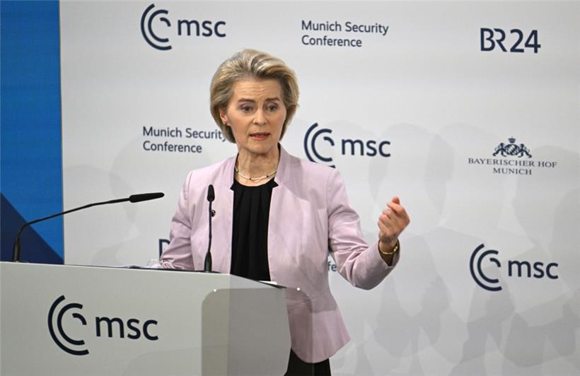 Ursula von der Leyen, Präsidentin der EU-Kommission, spricht auf der Tagung. Die 61. Münchner Sicherheitskonferenz (MSC) findet vom 14. bis zum 16. Februar 2025 im Hotel Bayerischer Hof in München statt. 
