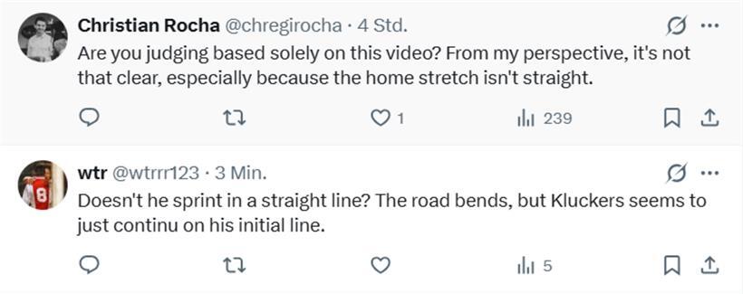 Diskussion über Videoanalyse eines Sprint-Rennens mit Kurven auf der Straße, unterschiedliche Bewertungen zur Laufbahn von Kluckers.