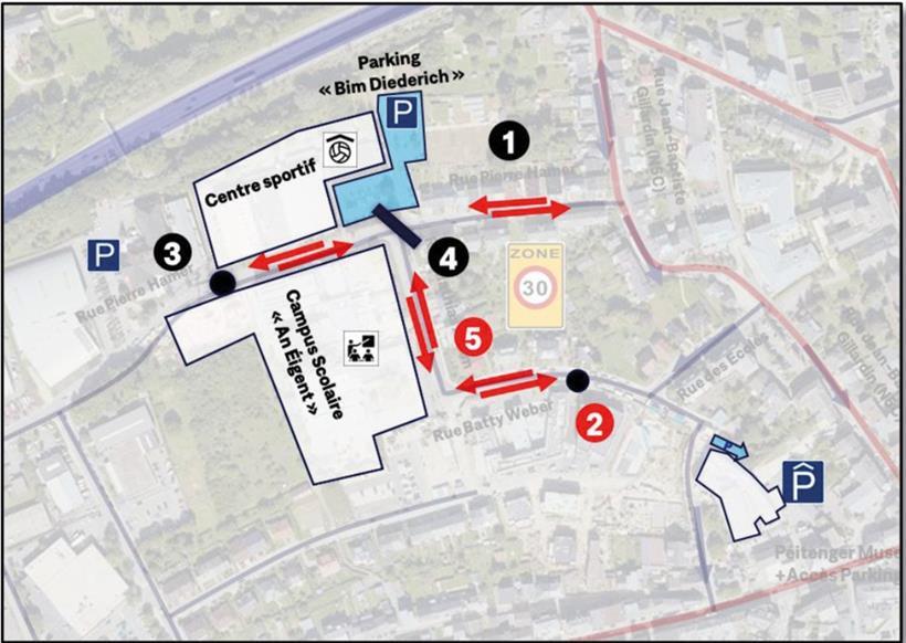 Variante 2 sieht Absperreinrichtungen sowohl in der rue Pierre Hamer als auch in der rue Batty Weber vor. Die Straßen bleiben jedoch in beide Richtungen befahrbar.
