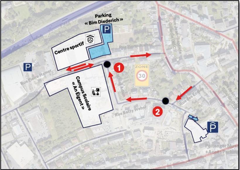 Variante 3, die sogenannte „Minimallösung“, umfasst Absperreinrichtungen in der rue Batty Weber und rue Mathias Adam. Der Verkehr in der rue Pierre Hamer würde dadurch kaum beeinflusst.
