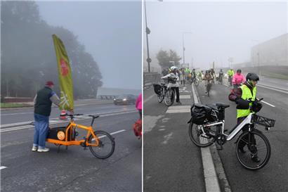 Verkehrsaktion am frühen Morgen: Ein Fahrradfahrer hält kurz die Autos an, damit die anderen über eine Fahrspur der „Rout Bréck“ fahren können
