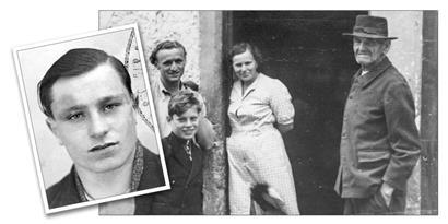 Victor Monnertz (l.), 1947, Syndicat d’initiative Steinfort; Gruppenfoto der Familie Monnertz-Daufeld (Joséphine, Marcel und Großvater Jacques) mit Adrien Oswald, Steinfort 1944
