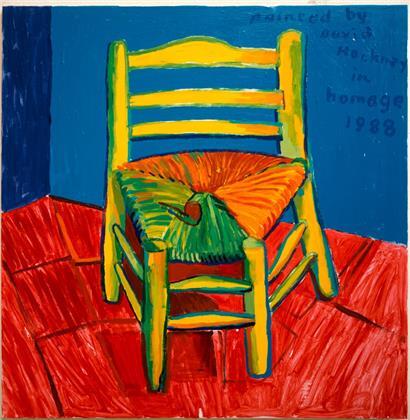 Vincent’s Chair and Pipe (La chaise et la pipe de Vincent), 1988, acrylique sur toile, 90×90 cm,  œuvre de la collection de la Fondation van Gogh Arles, dite Yolande Clergue
