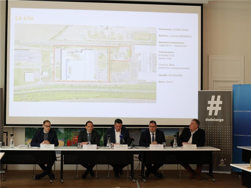 Vizepräsident Paul Nathan, Bürgermeister Dan Baincalana, Wirtschaftsminister Lex Delles und weitere bei Präsentation des Handwerksprojekts