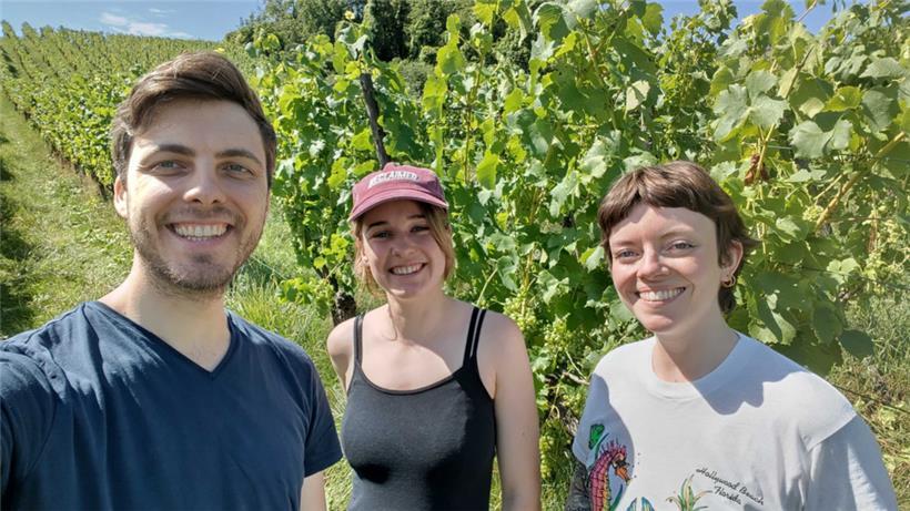 V.l.: Lokalchef Cédric Feyereisen, Grafikerin Kim Kieffer und Lokaljournalistin Sandra Lutz im Weinberg von Domaine Tageblatt
