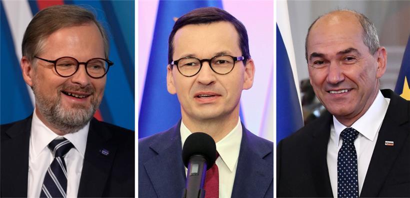 V.l.: Petr Fiala, Premierminister von Tschechien, Mateusz Morawiecki, Ministerpräsident von Polen, und Janez Jansa, Ministerpräsident von Slowenien, reisten gestern überraschend nach Kiew

